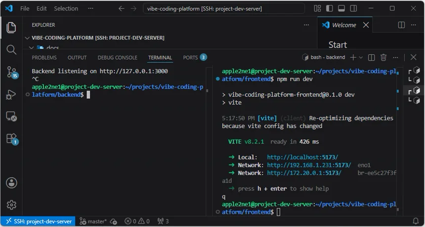 VS Code 분할 터미널에서 Express 백엔드는 Ctrl+C로, Vite 프런트엔드는 q로 실행을 중지한 화면