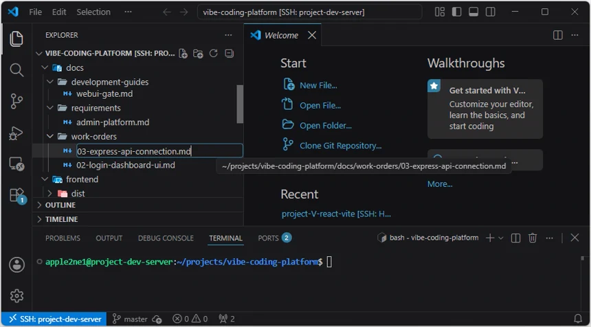 VS Code Explorer의 work-orders 폴더에 03-express-api-connection.md 파일을 만든 화면