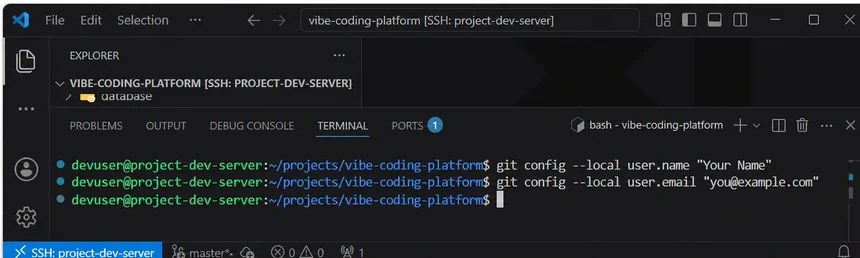 VS Code 원격 터미널에서 예시 Git 작성자 이름과 이메일 주소를 local 범위로 등록한 화면