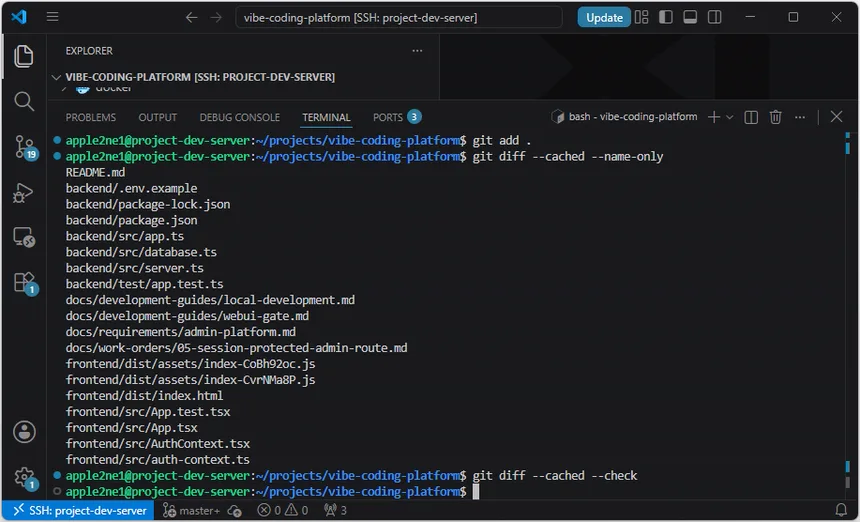 VS Code 원격 터미널에서 스테이징 파일 목록과 git diff cached 검사를 확인한 화면