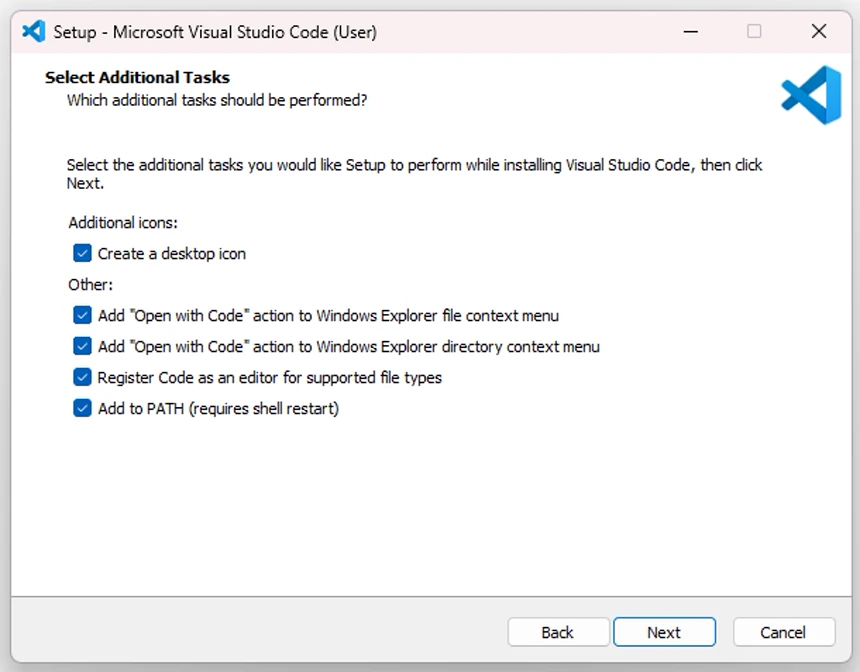 VS Code User Installer의 Select Additional Tasks 화면에 바탕화면 아이콘, Open with Code, 파일 형식 등록과 PATH 추가 항목이 선택된 화면