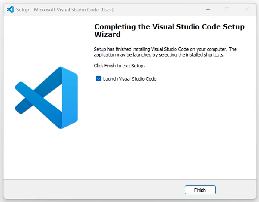 VS Code User Installer 설치가 완료되고 Launch Visual Studio Code 항목과 Finish 버튼이 표시된 화면