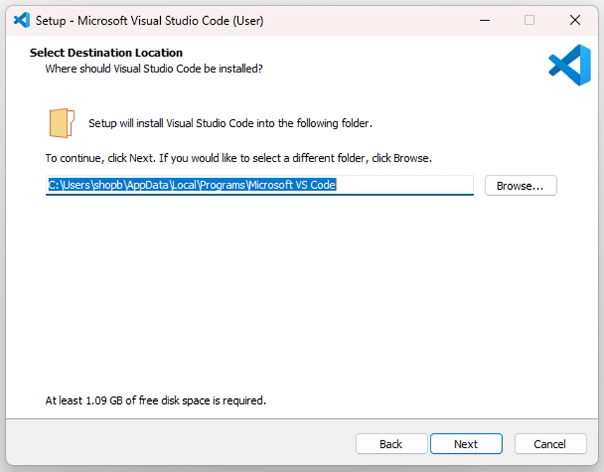 VS Code User Installer에서 설치 위치를 확인하는 화면으로 Windows 계정명이 포함된 설치 경로가 표시된 상태