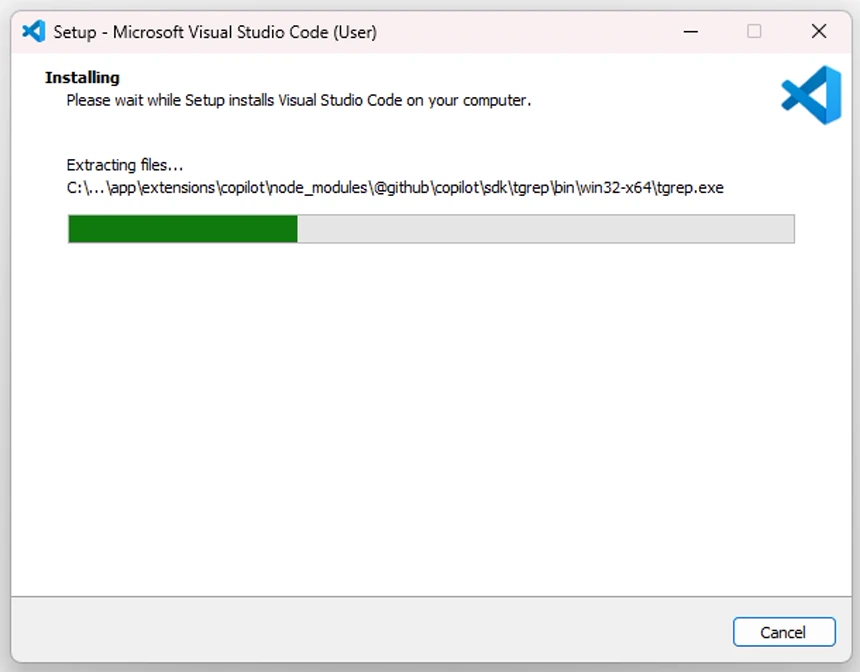 VS Code User Installer가 File을 추출하며 설치 진행 상태를 Progress Bar로 표시하는 화면