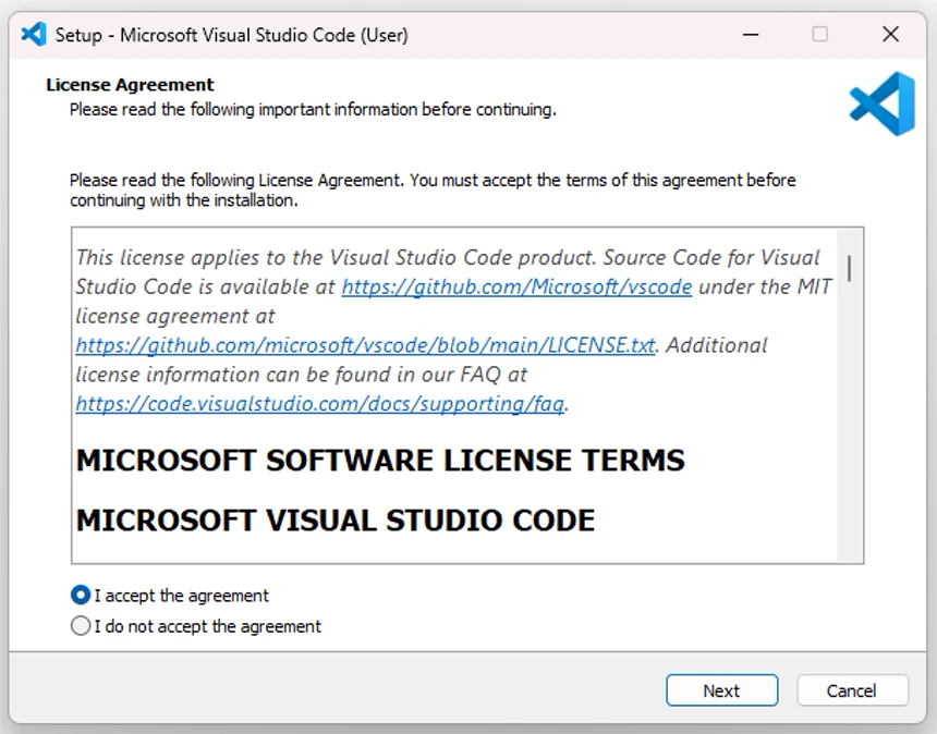 VS Code User Installer의 License Agreement 화면에서 사용권 조건 동의 항목과 Next 버튼이 표시된 화면
