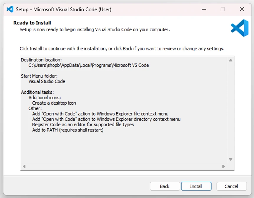 VS Code User Installer의 Ready to Install 화면에서 Start Menu Folder와 추가 작업을 확인하는 화면으로 Windows 계정명이 포함된 설치 경로가 표시된 상태