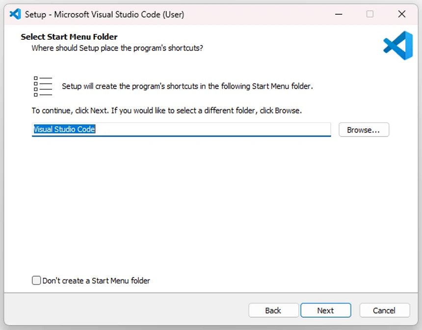 VS Code User Installer에서 Start Menu Folder 이름을 Visual Studio Code로 확인하는 화면