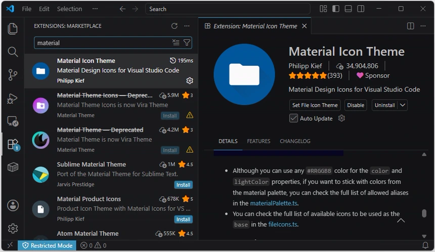 VS Code Extensions Marketplace에서 Philipp Kief의 Material Icon Theme을 검색하고 상세 정보를 확인한 화면