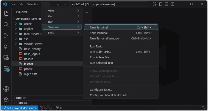 VS Code 상단 더보기 메뉴의 Terminal 하위 메뉴에서 New Terminal을 선택하는 화면