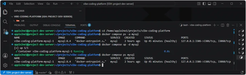 VS Code 원격 터미널에서 Docker Compose의 MySQL 서비스를 실행하고 healthy 상태와 127.0.0.1 포트 게시를 확인한 화면