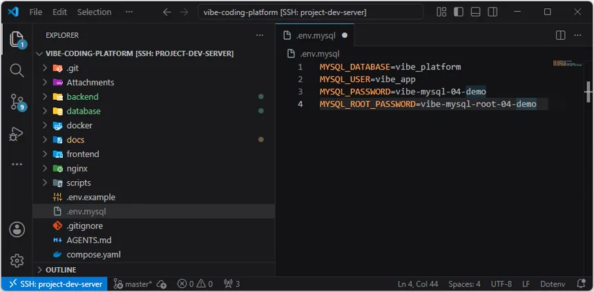 VS Code 편집기에서 .env.mysql 파일에 공개된 실습용 MySQL 초기화 값을 입력한 화면