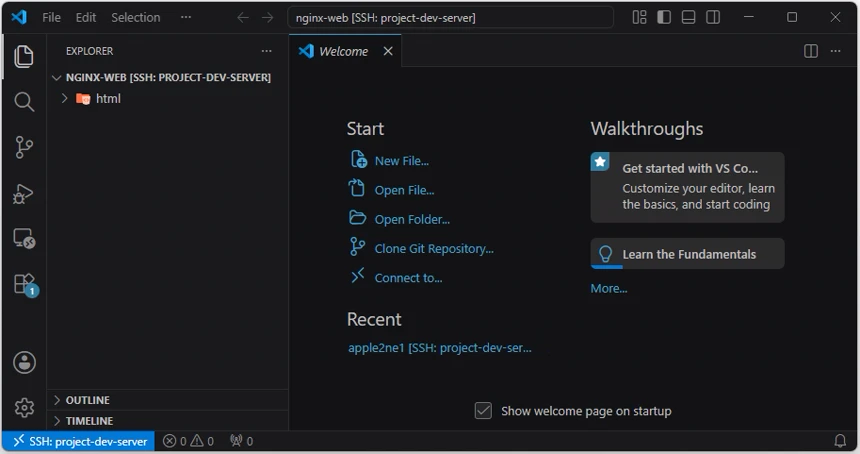 VS Code Explorer에서 project-dev-server의 nginx-web 원격 작업 폴더와 하위 html 폴더를 확인하는 화면