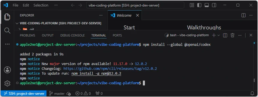 VS Code 원격 터미널에서 npm으로 Codex CLI를 전역 설치한 결과