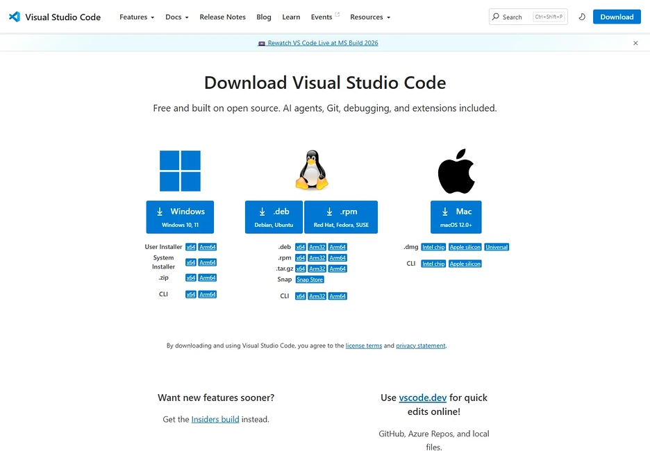 Visual Studio Code 공식 다운로드 페이지에 Windows, Linux와 macOS 선택지가 표시되고 Windows 영역에 User Installer와 System Installer의 x64·Arm64 링크가 보이는 화면