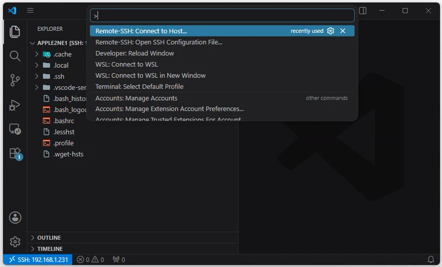VS Code에서 Ctrl Shift P를 눌러 명령 팔레트를 열고 Remote - SSH 명령을 확인하는 화면