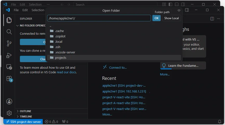 VS Code의 Open Folder 창에서 원격 서버의 home apple2ne1 폴더와 projects 폴더를 확인하는 화면