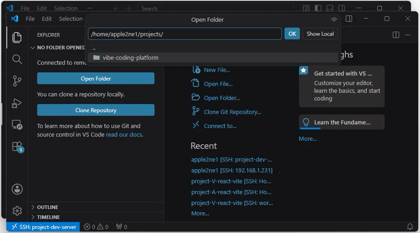 VS Code의 Open Folder 창에서 home apple2ne1 projects 폴더로 이동해 vibe-coding-platform 폴더를 확인하는 화면