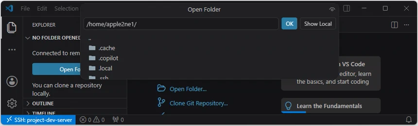 VS Code의 Open Folder 창에서 Linux 서버의 /home/apple2ne1/ 홈 폴더 경로와 OK 버튼을 확인하는 화면