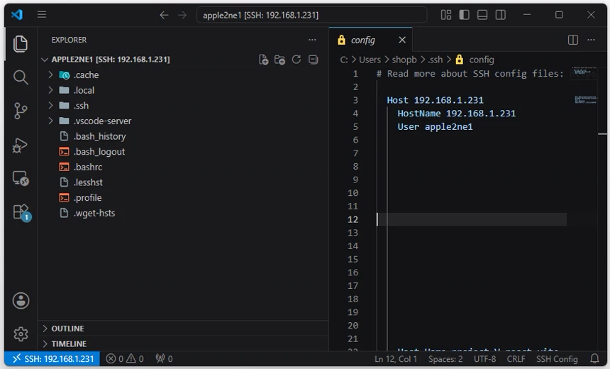 VS Code 편집기에서 선택한 사용자 SSH config 파일이 열린 화면
