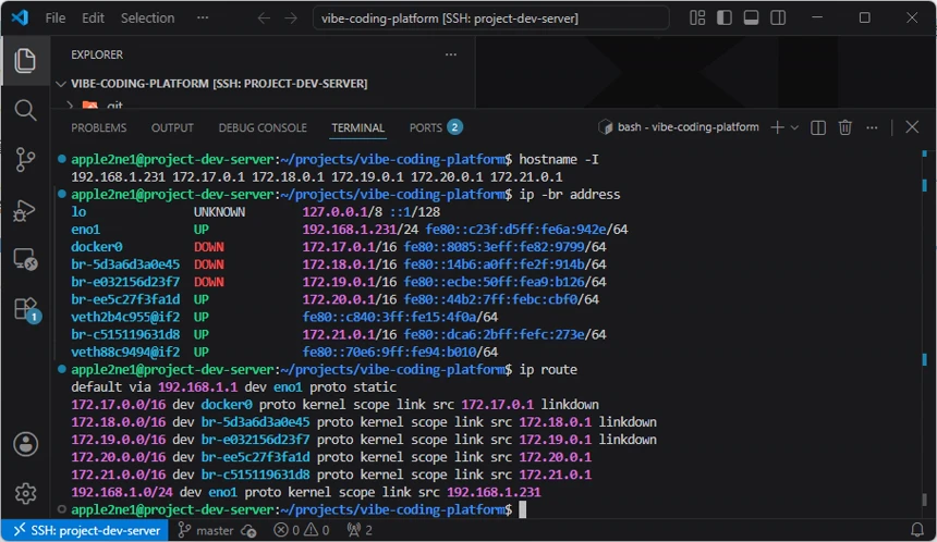 VS Code 터미널에서 project-dev-server의 호스트 IP 주소, 네트워크 인터페이스 주소와 기본 경로를 확인한 화면