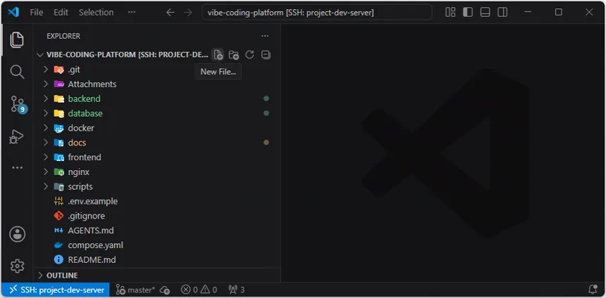 VS Code Explorer의 프로젝트 루트에서 New File 아이콘을 선택한 화면
