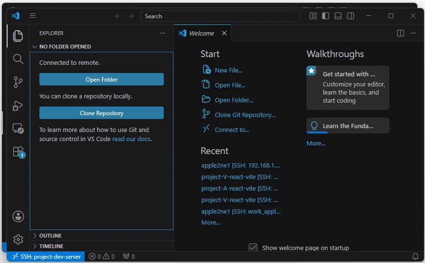 VS Code가 project-dev-server에 연결되어 Explorer에 Connected to remote와 Open Folder 버튼이 표시된 화면