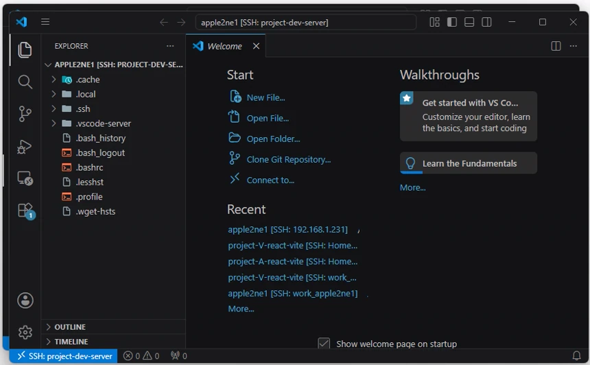 VS Code Explorer에서 project-dev-server 사용자의 홈 폴더가 열린 화면