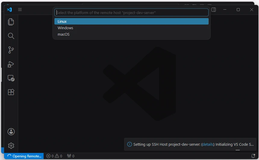VS Code에서 project-dev-server 원격 호스트의 운영체제로 Linux를 선택하는 화면