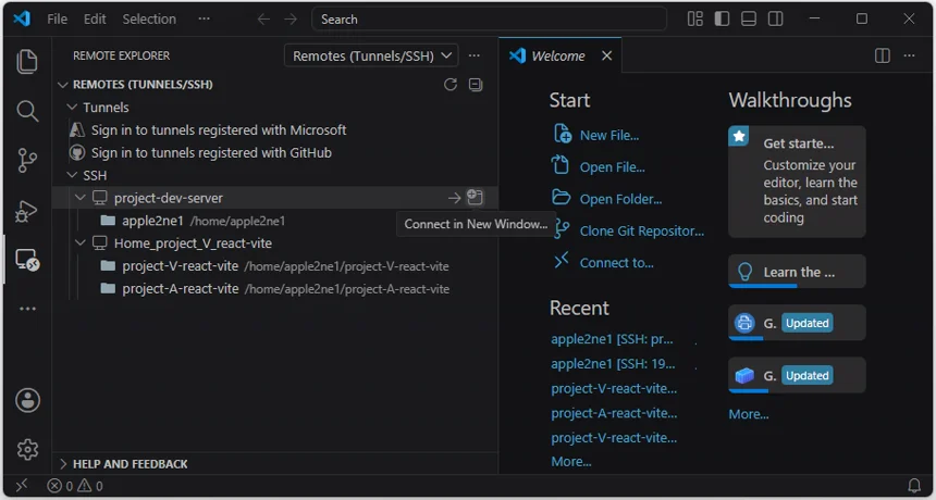 VS Code Remote Explorer에서 project-dev-server의 Connect in New Window 버튼을 선택하는 화면