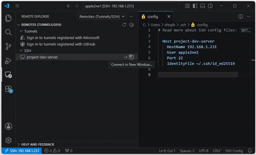 VS Code Remote Explorer에 project-dev-server가 나타나고 Connect in New Window 버튼을 선택하는 화면