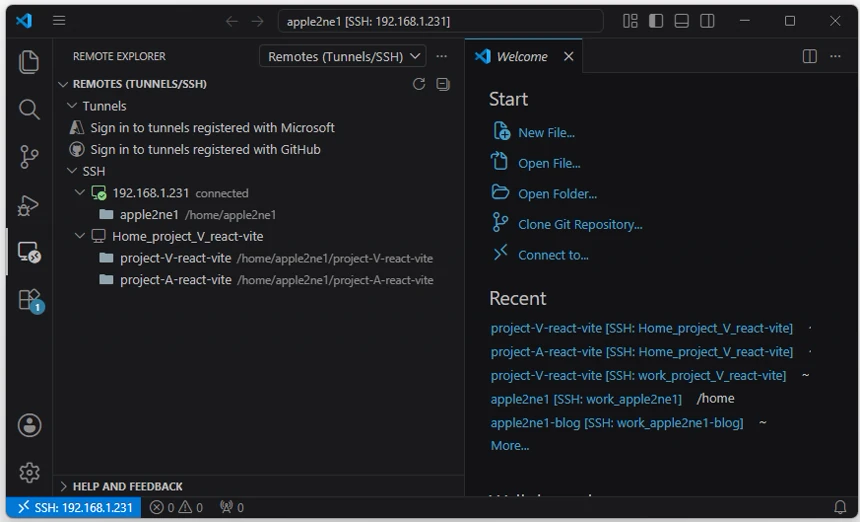 VS Code Remote Explorer에서 예시 SSH Host 192.168.1.231이 Connected 상태로 표시되고 홈 폴더와 기존 프로젝트 이름 및 경로가 보이는 화면