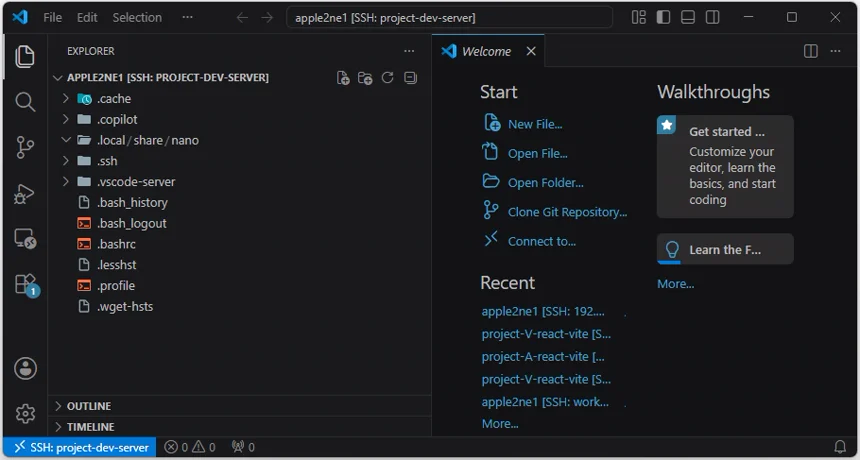 VS Code 왼쪽 Explorer에 project-dev-server의 홈 폴더와 파일 목록이 표시되고 오른쪽에 편집기가 배치된 화면