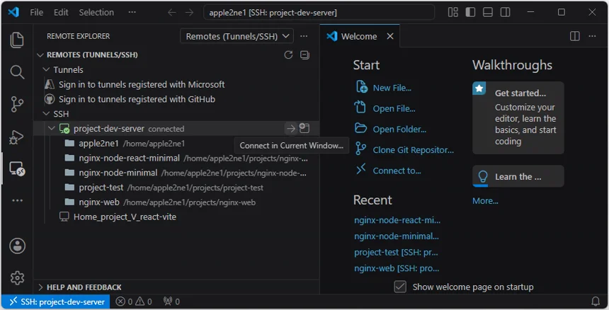 VS Code Remote Explorer에서 project-dev-server를 현재 창으로 여는 연결 버튼