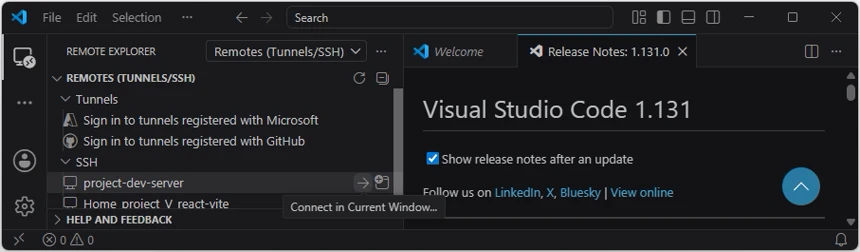 VS Code의 Remote Explorer SSH 호스트 목록에서 project-dev-server와 Connect in Current Window 버튼을 확인하는 화면