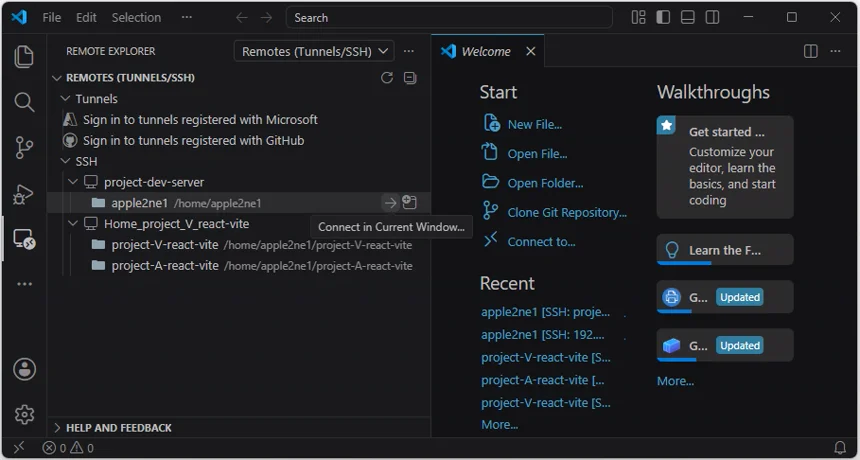 VS Code Remote Explorer의 SSH 목록에서 project-dev-server에 현재 창으로 다시 연결하는 버튼을 선택하는 화면