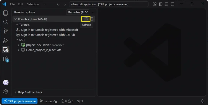 VS Code의 Remote Explorer에서 SSH 호스트 목록을 갱신하기 위해 Refresh 아이콘을 선택하는 화면