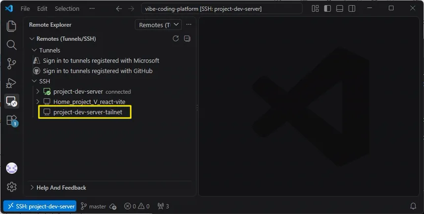 VS Code의 Remote Explorer에 추가된 project-dev-server-tailnet SSH 별칭을 선택하는 화면