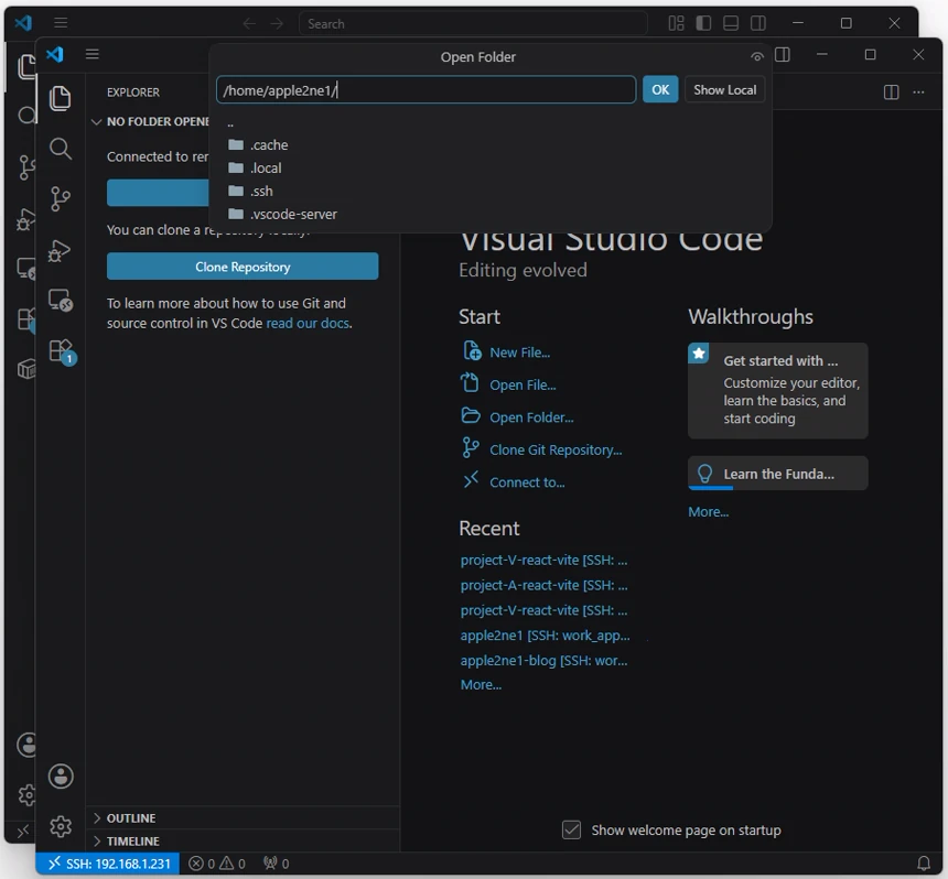 VS Code의 Open Folder 화면에 예시 경로 home apple2ne1과 cache·ssh·vscode-server 폴더가 표시된 상태
