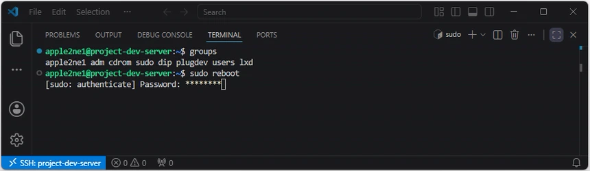 Linux 서버에서 sudo reboot 명령을 실행하고 암호를 입력해 재부팅을 시작하는 화면