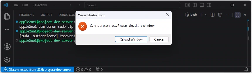 서버 재부팅으로 VS Code SSH 연결이 끊기고 Reload Window를 선택하라는 안내가 표시된 화면