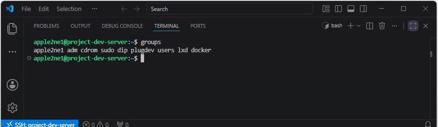 VS Code로 Linux 서버에 재접속한 뒤 groups 명령 결과에 docker 그룹이 포함된 화면
