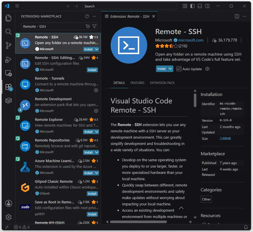 VS Code Marketplace의 Remote - SSH 확장 상세 화면에 Microsoft 게시자, Install 버튼, 확장 설명과 버전 정보가 표시된 상태