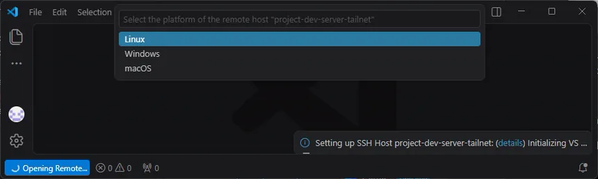 VS Code에서 project-dev-server-tailnet 원격 호스트의 운영체제로 Linux를 선택하는 화면