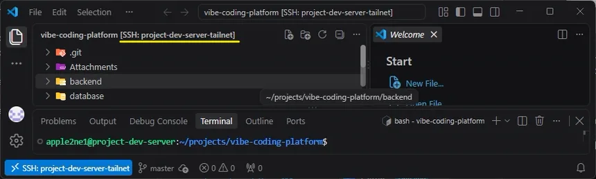 VS Code가 project-dev-server-tailnet 별칭으로 원격 서버에 연결되어 프로젝트 폴더와 터미널을 표시한 화면