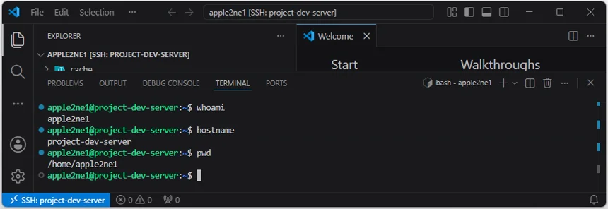 VS Code 원격 터미널에서 whoami, hostname과 pwd 명령으로 사용자, 서버와 현재 경로를 확인한 결과