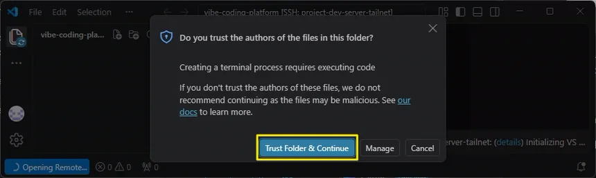 VS Code의 Workspace Trust 안내에서 원격 프로젝트 폴더를 신뢰하기 위해 Trust Folder & Continue를 선택하는 화면