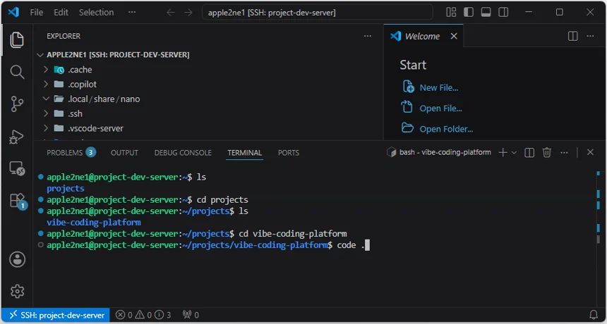 VS Code 원격 터미널에서 vibe-coding-platform 폴더로 이동한 뒤 code 점 명령을 입력하는 화면