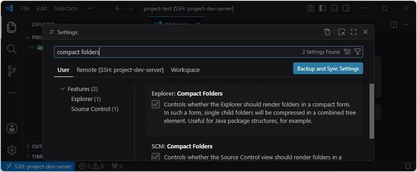 VS Code Settings 검색창에 compact folders를 입력하고 체크된 Explorer Compact Folders 설정을 확인하는 화면