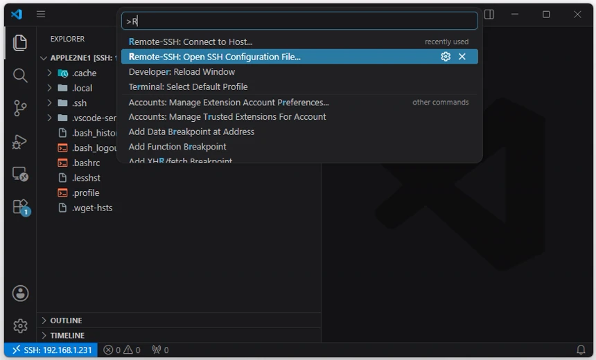 VS Code 명령 팔레트에서 Remote-SSH Open SSH Configuration File 항목을 선택한 화면