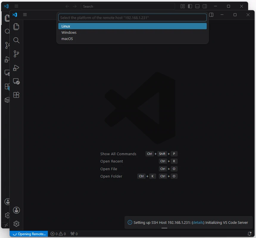 VS Code가 Remote Host 192.168.1.231의 Platform을 묻는 목록에서 Linux를 선택한 화면